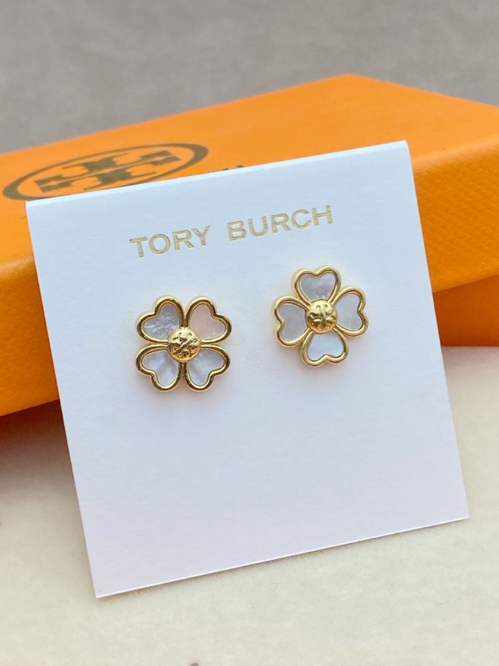 Tory Burch Gold Mother‑of‑Pearl Clover Stud Earrings